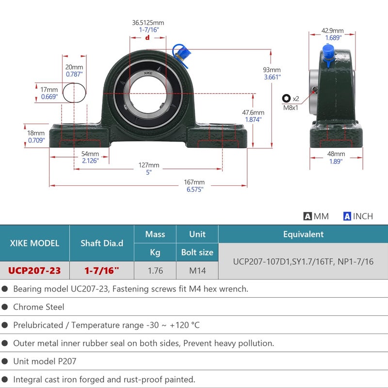 Xike 2 Pcs UCP207-23 Bore 1-7/16" Pillow Block Mounted Ball Bearings, Solid Cast Iron Base and Self Aligning Chrome Sealed Bearings. - Image 2